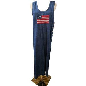 Blue Jean Denim Jumper Modest Maxi Dress Embroidered American flag Patriotic Med